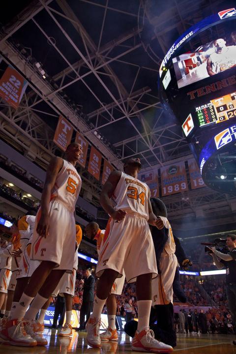 Jeronne Maymon gets fired up after introductions before a game against Pittsburgh on Saturday, Dec. 3. The Vols bounced back from a loss on the road to the Memphis Tigers with a home-court victory over the 13th-ranked Florida Gators.
