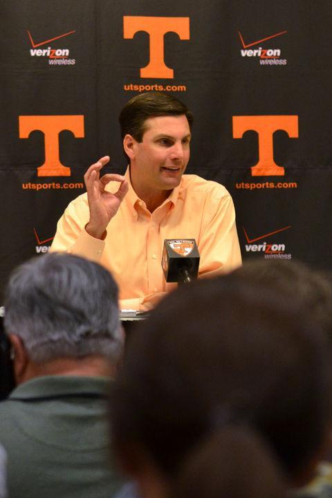 Derek Dooley speaks with media during a press conference on Monday, March 21. Dooley and the Vols had an impressive signing day, bringing in 21 signees including four local Tennessee prospects.
