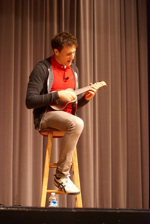 Josh Sundquist plays his parody cover of "Free Falling" during a presentation in the University Center on Tuesday, Feb. 7. Sundquist, a paralympic athlete, gave students a message of positivity in the face of opposition.