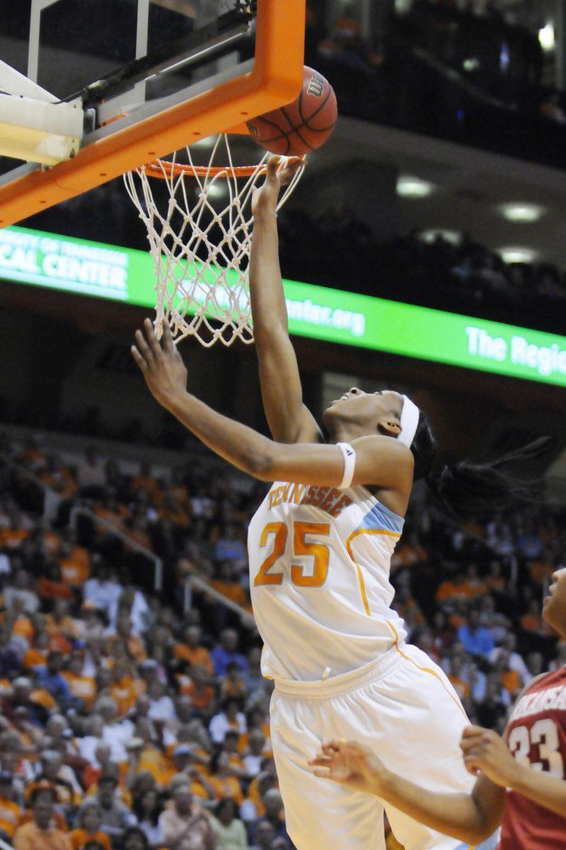 Glory Johnson attempts to score against Arkansas on Feb. 23. The senior forward scored 13 points against the Razerbacks in the 72-71 loss for the Lady Vols. Johnson also was selected to be on the Capital One Academic All-America Team on Thursday.