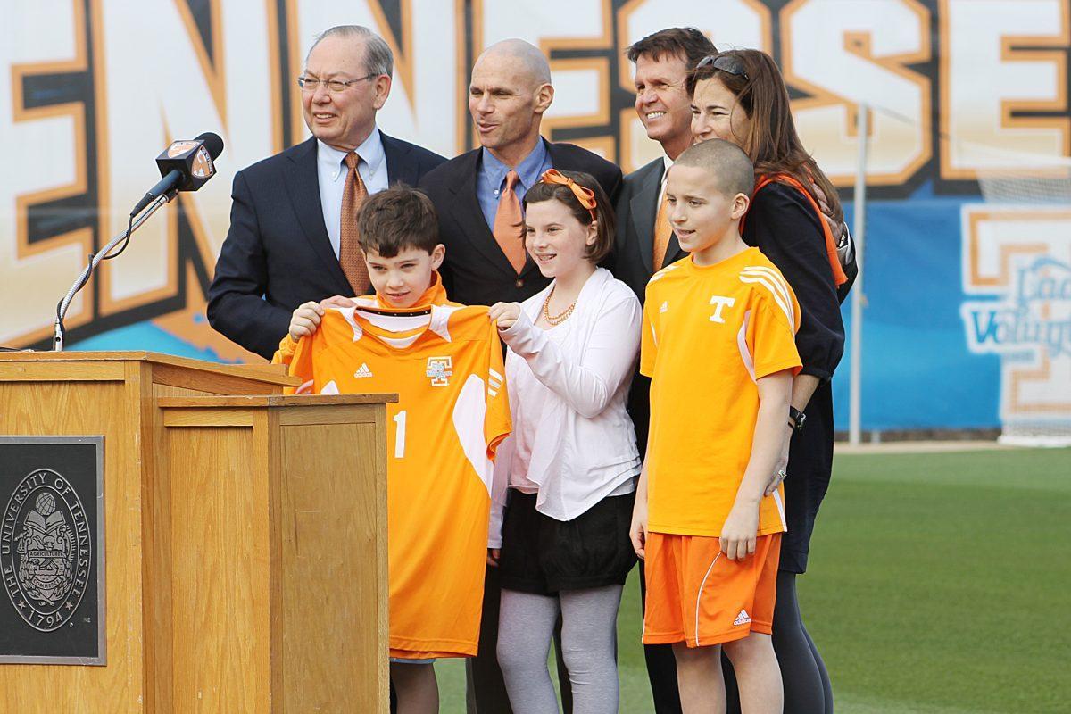 Brian Penskey, the new head soccer coach, and his family is introduced by Chancellor Jimmy Cheek and Athletic Director Dave Hart on Jan. 31. Penskey is the 3rd head coach of the program and was 2010 National Coach of the year at Maryland.
