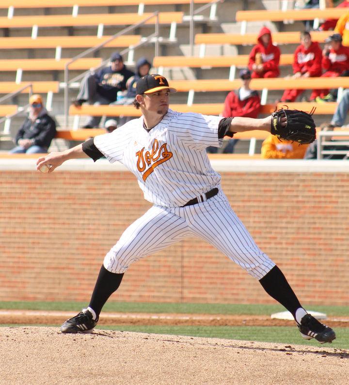 Zach Godley winds up to deliver a pitch to a Seton Hall batter during a game on Saturday, Feb. 25. Godley, who didn't start pitching until his junior of high school, has taken well to the mound, delivering his best start against Louisiana-Monroe Friday, striking out 10 batters in 8 scoreless innings.