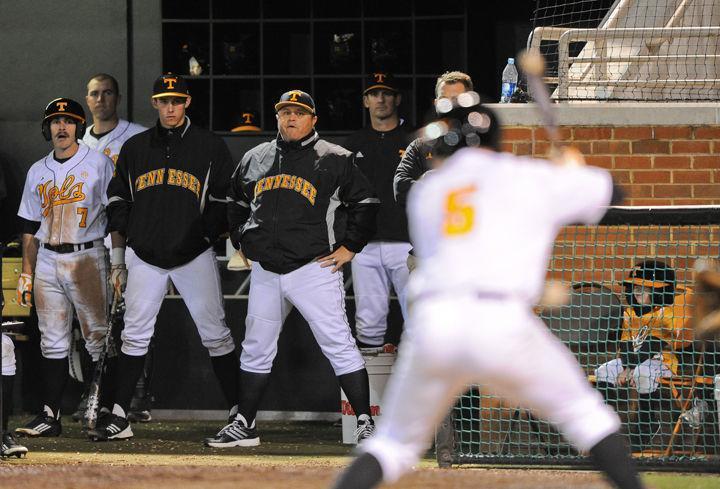 Head coach Dave Serrano watches as Chris Pierce readies himself for a pitch during a game against University of Louisiana-Monroe on Friday, March 9. Despite dropping the series 2-1, Serrano's Vols handed undefeated Kentucky its first loss of the season on Friday, March 23.