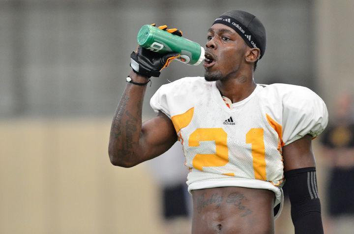 Da'Rick Rogers takes a break during a morning workout on Monday. Rogers spoke with media, for the first time since the rumor mill began churning after a missed practice, about his rededication to work on the field and his commitment to the team.