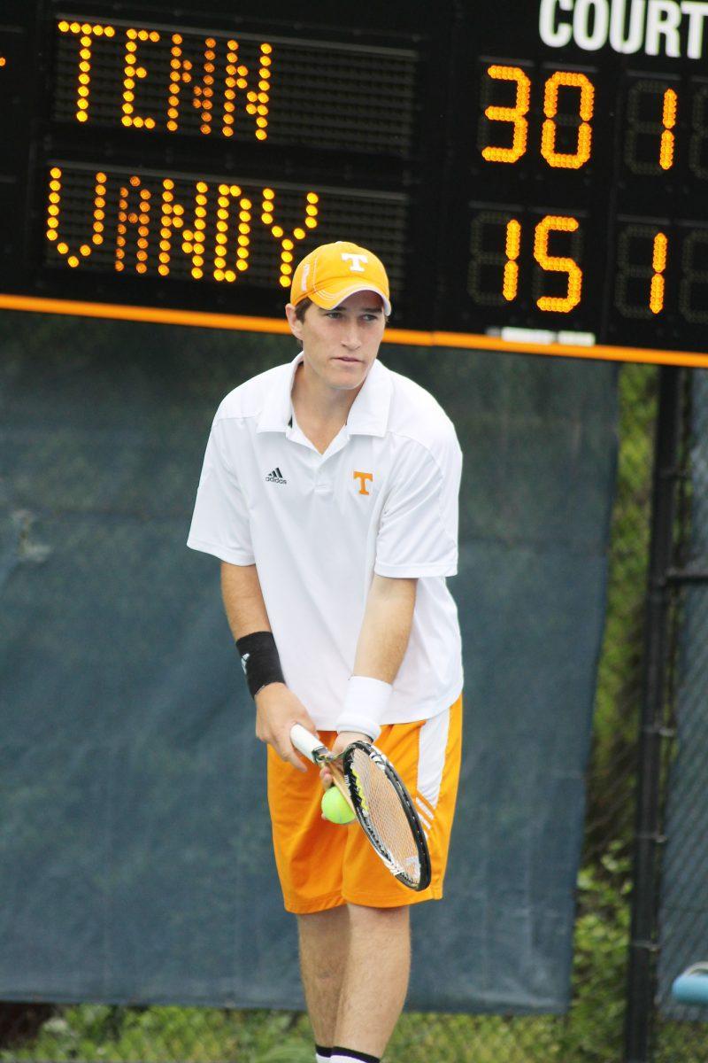 Hunter Reese prepares to serve against Vanderbilt on March 30.