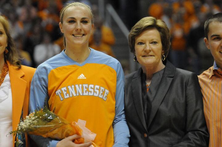 Pat Summitt stands with Alicia Manning during Senior Day presentations before a game against Florida on Feb. 26. Summitt announced her retirement as head coach of the Lady Vols basketball team after 27 seasons at the helm of one of the most successful programs in the history of college basketball.