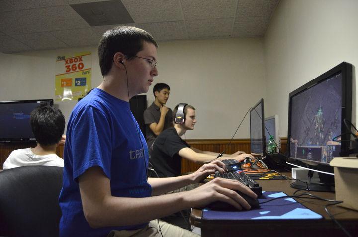 Ben Peterson, senior in materials science, and David Polly, junior in nursing, play Starcraft during the Frag for a Cure event in the UC Down Under on Friday. Almost $400 was raised by gamers at the event to benefit St. Jude Children's Research Hospital.