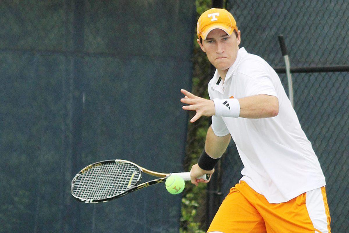 Hunter Reese prepares for a drive against Vanderbilt on March 30. Teammate Mikelis Libietis and Reese have reached a No. 7 ranking in doubles this year.