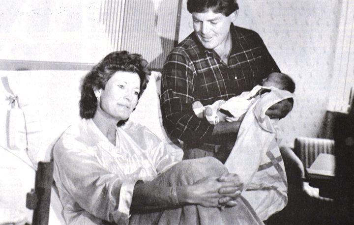 Pat Summitt smiles while still in the hospital after giving birth to son, Tyler, on Sept. 21, 1990.