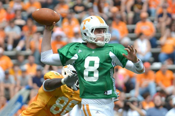 Tyler Bray lines up a pass during a play at the Orange and White Game on Saturday, April 21.