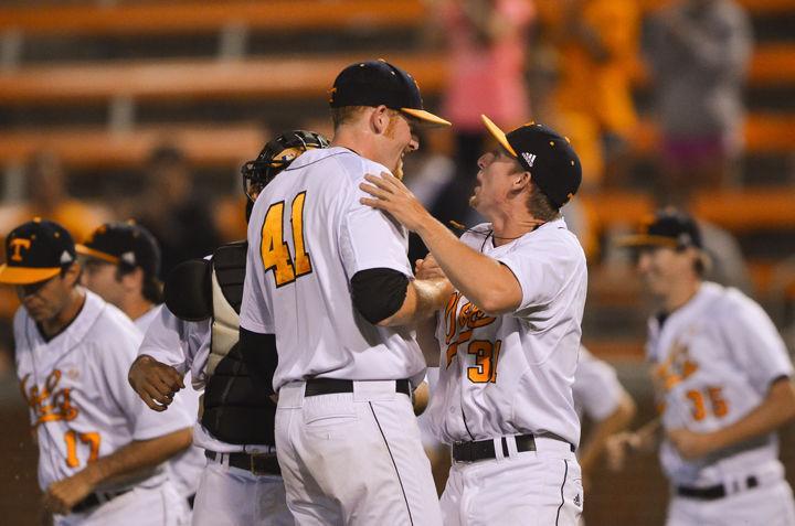 Dalton Saberhagen celebrates with Nick Blount after his save against Alabama on March 30. Blount once again got the save on Tuesday to help the Vols to a 5-4 win over ETSU.