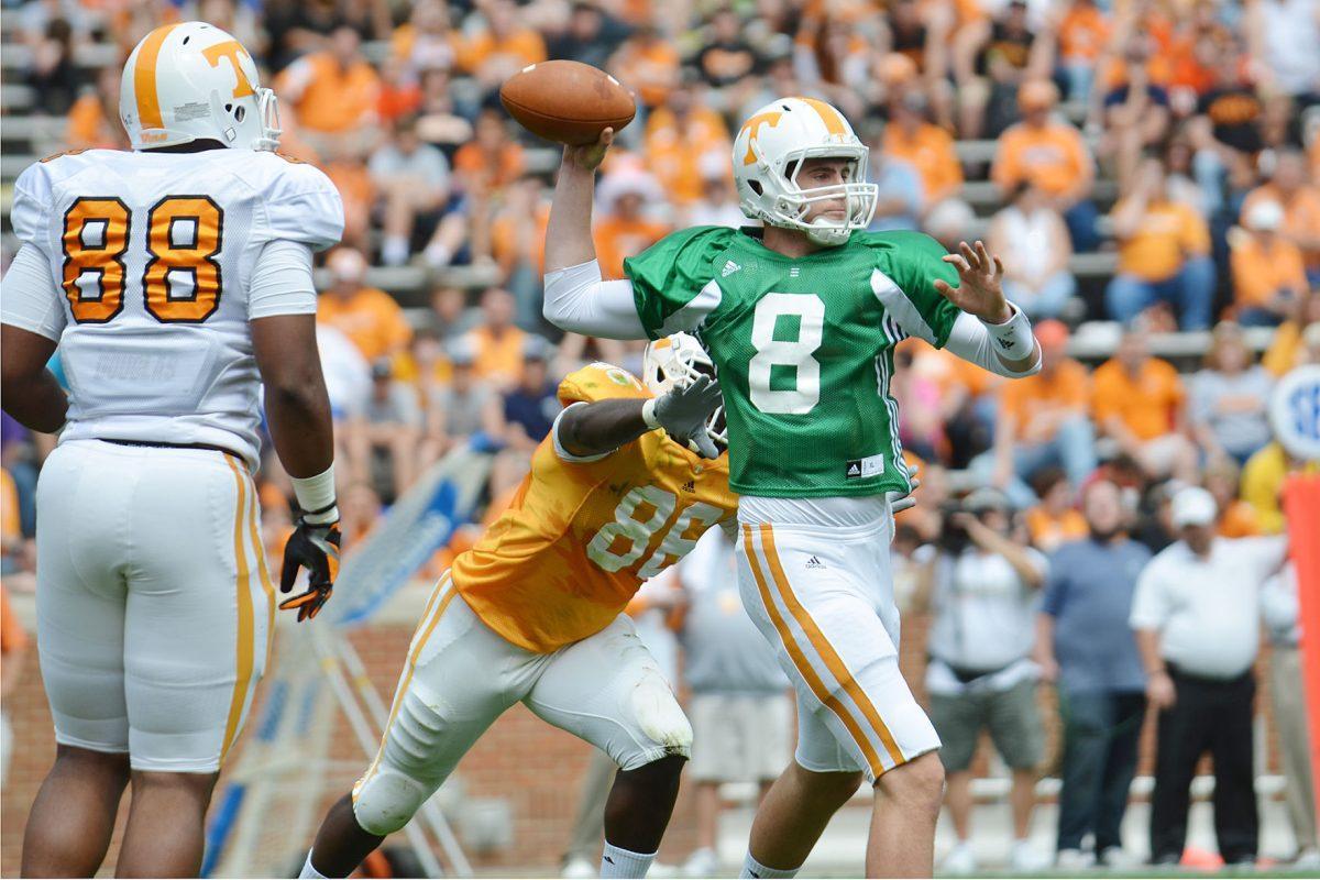 Quarterback Tyler Bray prepares to throw the ball during the Orange and White game on April 21.