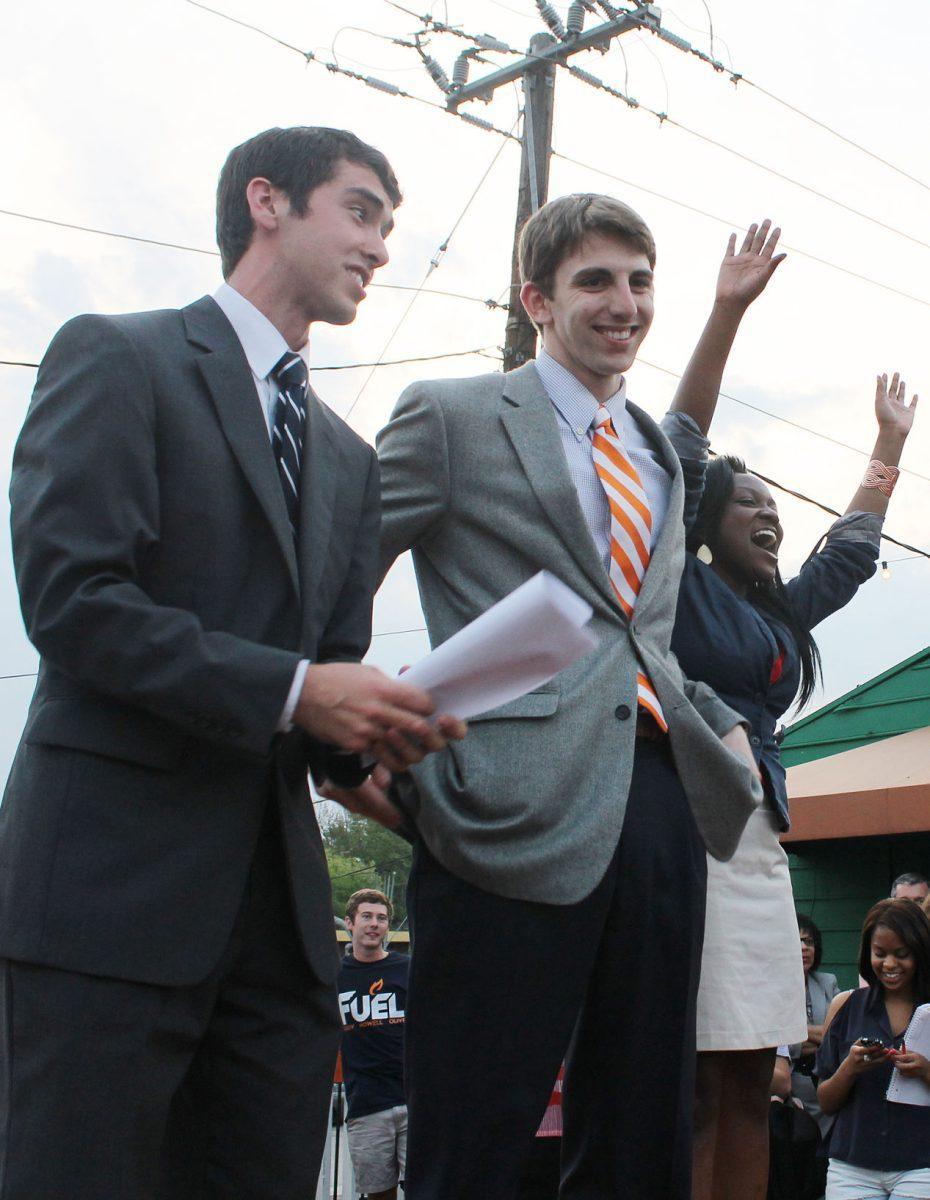 Student Body President Adam Roddy, Student Body Vice President Terry Nowell and Student Services Director Taelor Olive celebrate their SGA win on March 29.