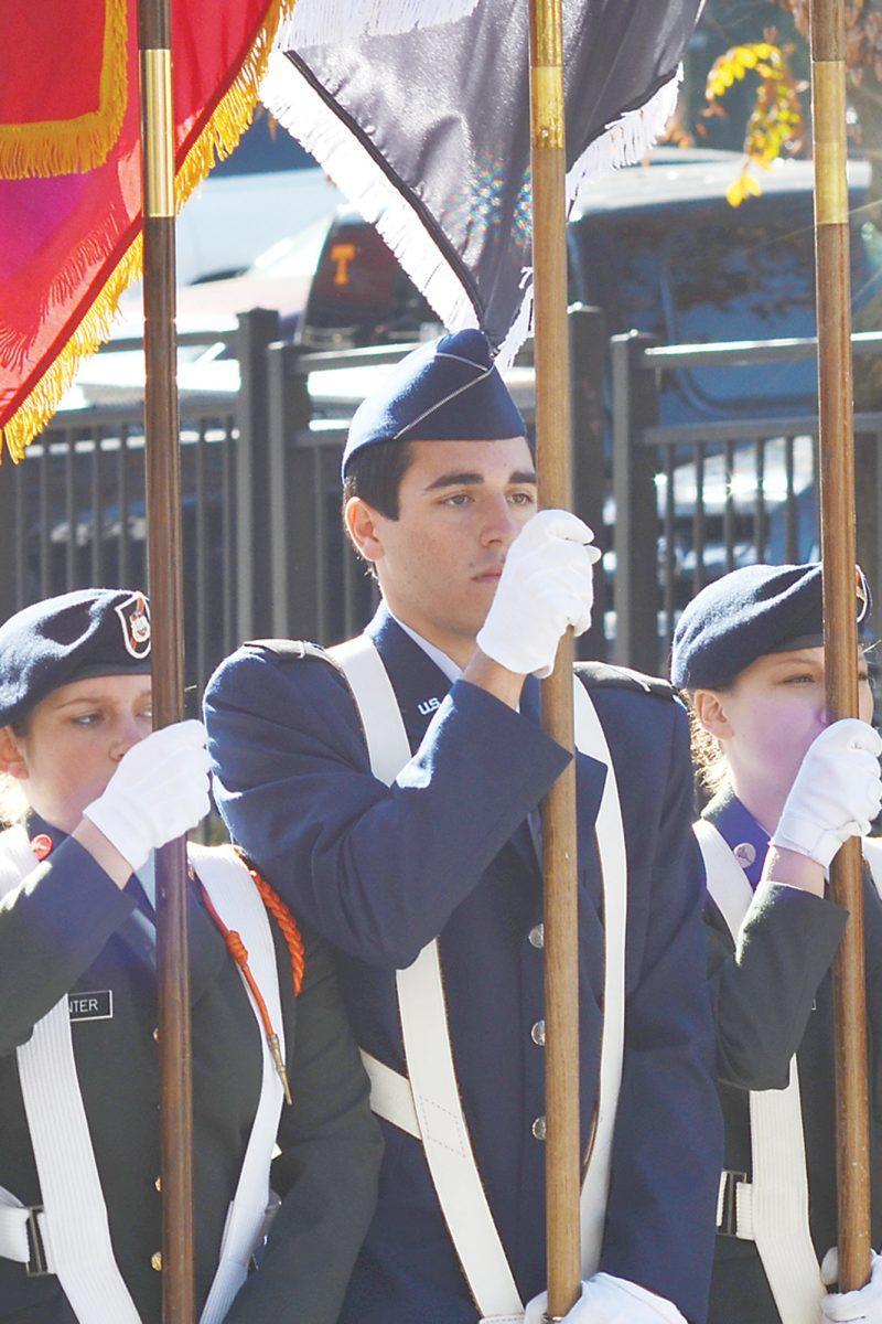 Members of the UT Air Force Reserve Officer Training Corps Color Guard march in the Veterans Day Parade on Thursday, Nov. 11, 2010.