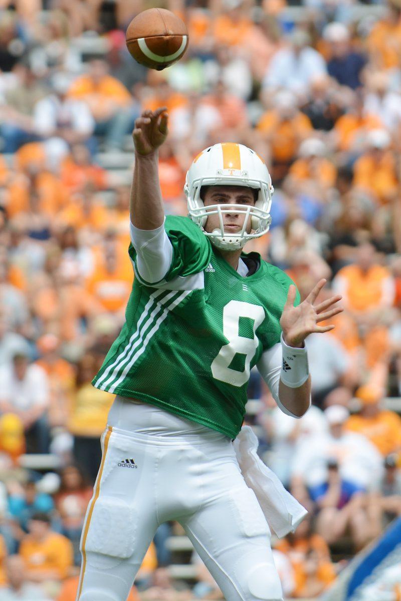 Junior quarterback Tyler Bray throws a pass during the Orange and White Game on April 21.