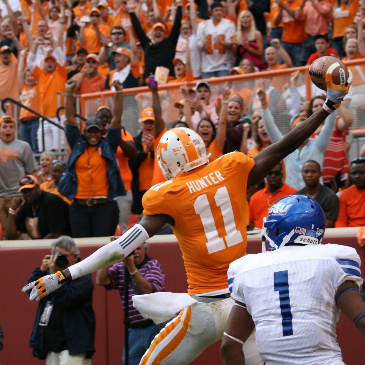 Justin Hunter celebrates one of his three touchdowns during the Georgia State game during Saturday, Sept. 8.