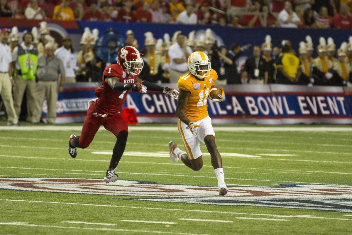 Junior wide receiver Justin Hunter outruns All-American cornerback David Amerson in the N.C. State game. Hunter's ability to stretch the field will be key in the Vols matchup with the Panthers.