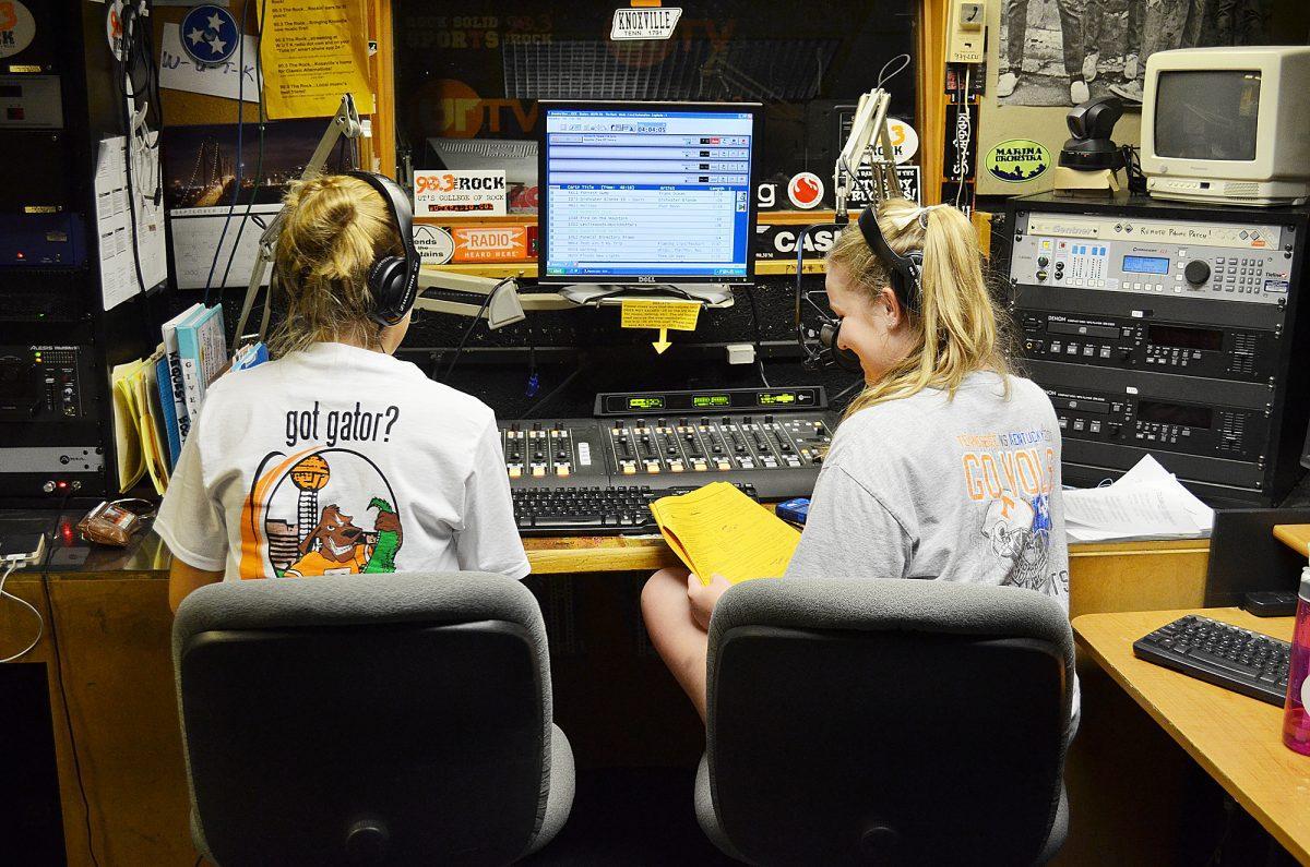 Maci Lewis and Maggie Solmon, both sophomores in journalism and electronic media, prepare for their spot on WUTK on Sept. 10.
