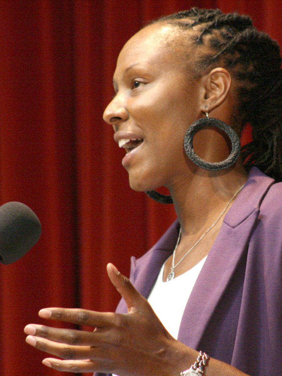 Former Lady Vols Chamique Holdsclaw shares her story of overcoming depression in the University Center Auditorium on Wednesday. Holdsclaw's talk was aimed to encourage wellness and personal safety for the VolAware's suicide prevention campaign.