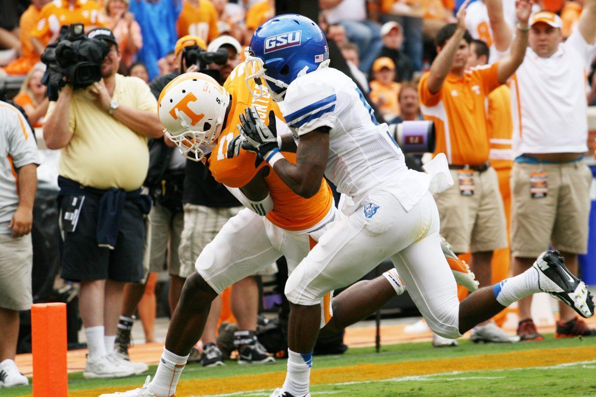 Junior wide reciever Justin Hunter rushes past Georgia State into the endzone on Sept. 8.