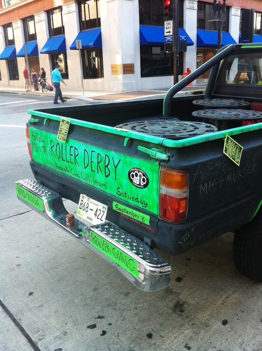 A truck in downtown Knoxville advertises for the Hard Knox Roller Derby on Sept. 7.