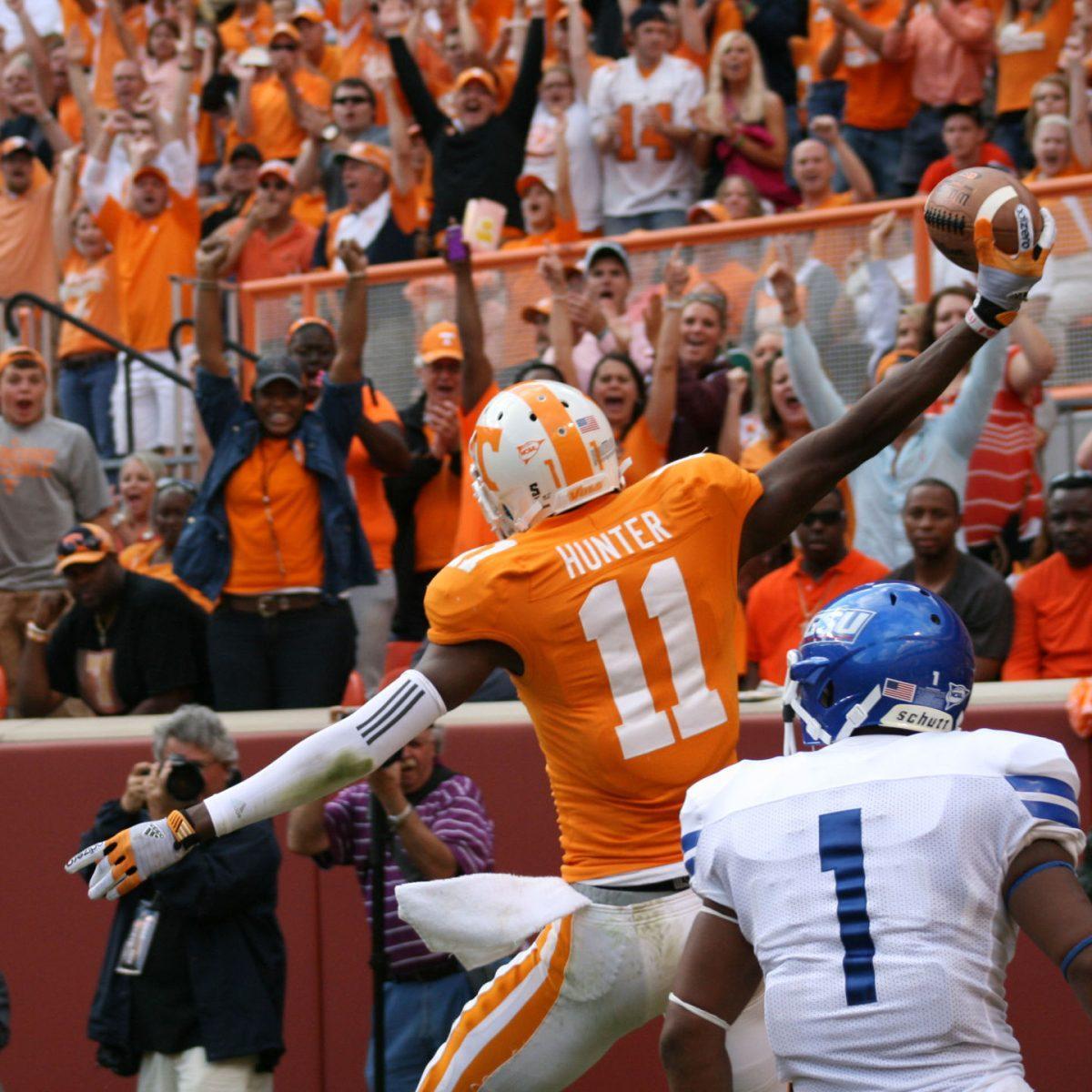 Justin Hunter celebrates one of his three touchdowns during the Georgia State game during Saturday, Sept. 8.