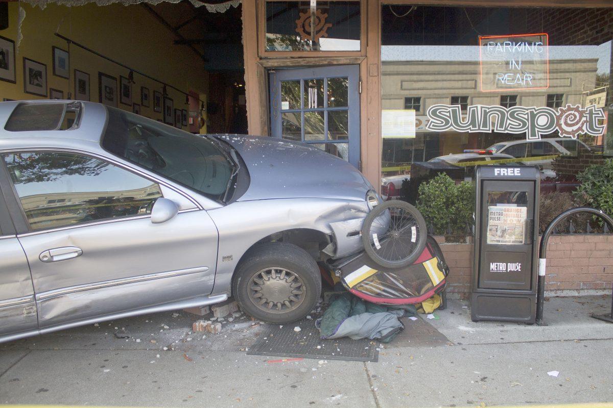 A car rammed into the exterior of Sunspot on the strip Tuesday evening. No one was injured, but the main entrance of Sunspot and multiple bikes were damaged.