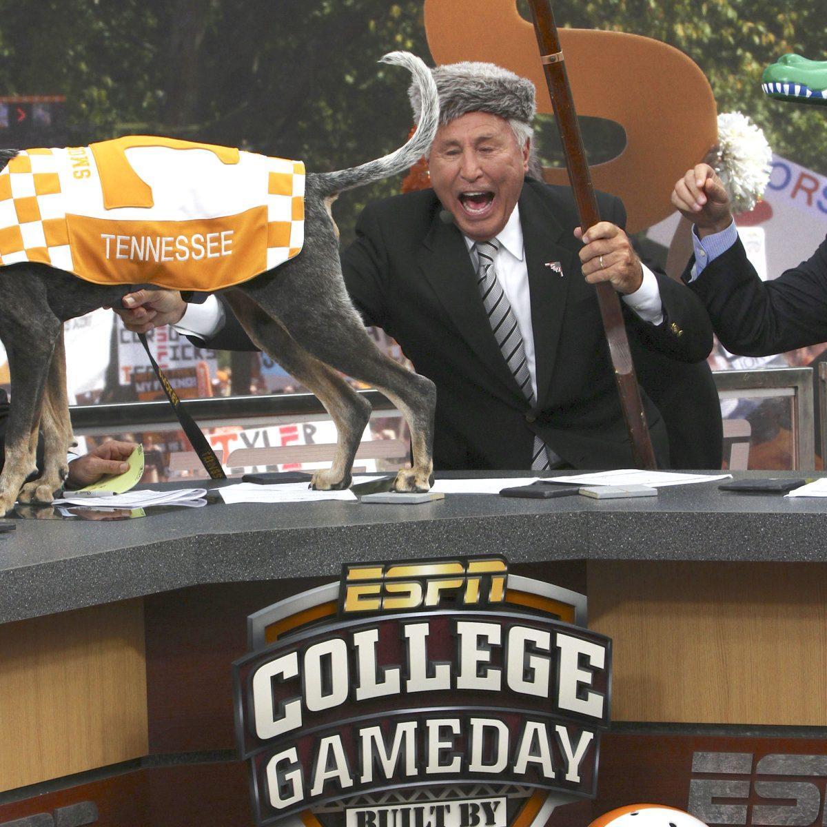 Lee Corso yells dressed as the Tennessee Volunteer during ESPN's "College GameDay" on Sept. 14