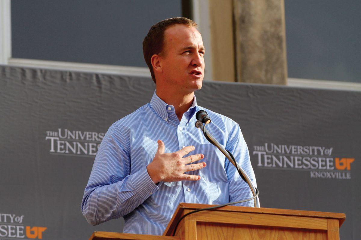 Peyton Manning talks to his fans during the dedication of Peyton Manning Pass on Oct. 19.