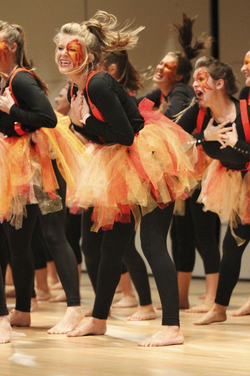Pledges of Alpha Omicron Pi lipsync to the theme “Fire” on Oct. 4.