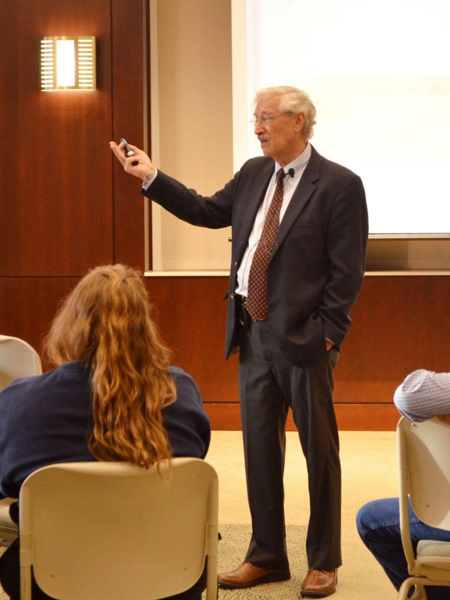 Dr. Frederick Burkle talks to students and faculty on Thursday about future humanitarian crises related to public health.