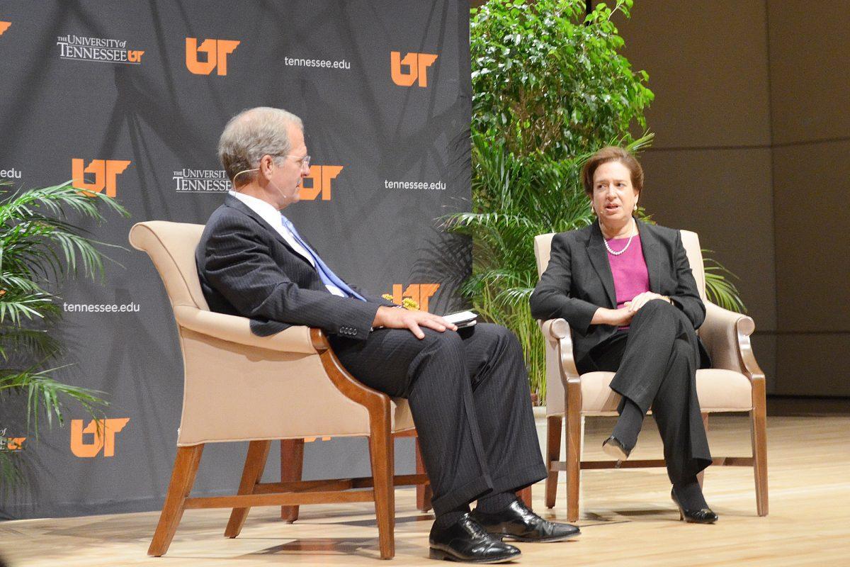 Supreme Court Justice Elena Kagan talks with Doug Blaze, dean of UT’s law school, on Oct. 19.