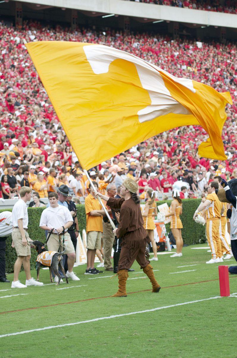 “Davy Crockett” waves the UT flag at Sanford Stadium in Athens on Sept. 29.