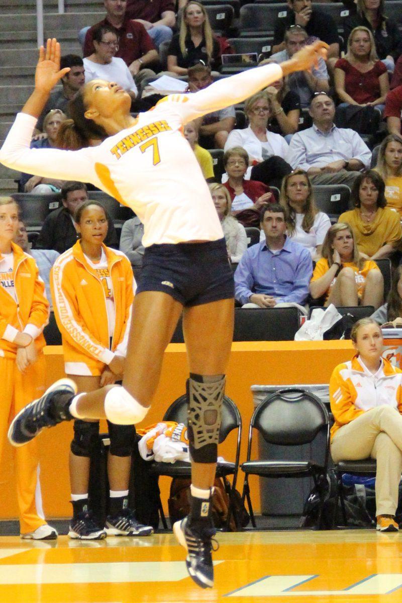 Tiffany Baker serves against South Carolina on Sept. 23.
