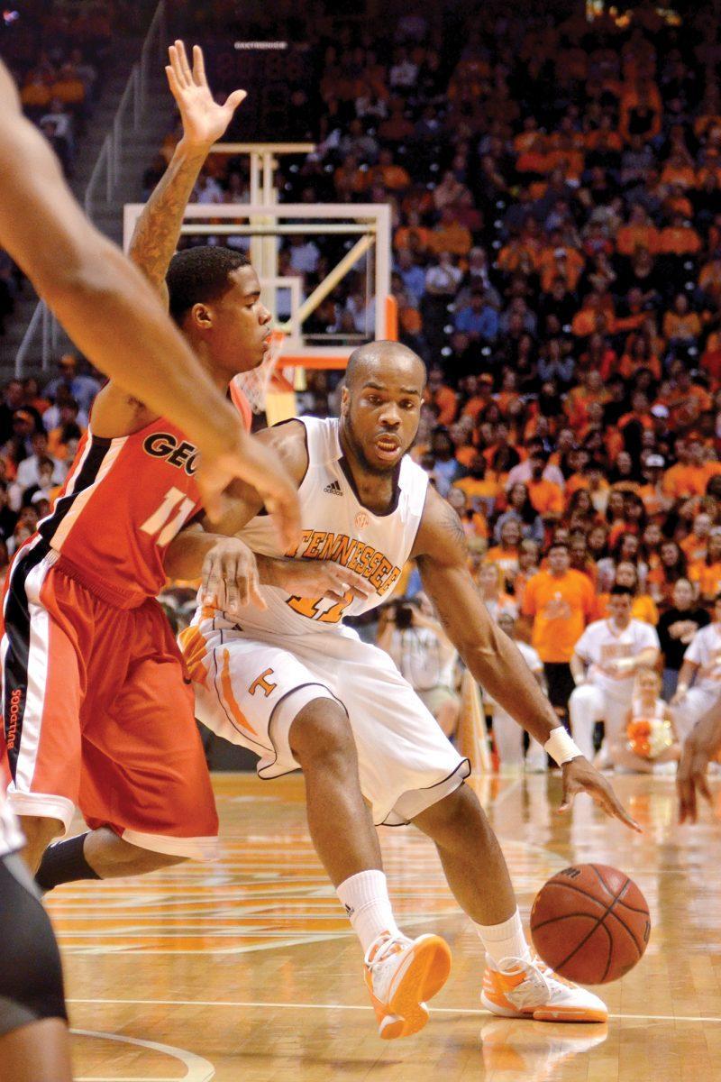 Trae Golden looks for an opening during a game against Georgia on Feb 4.