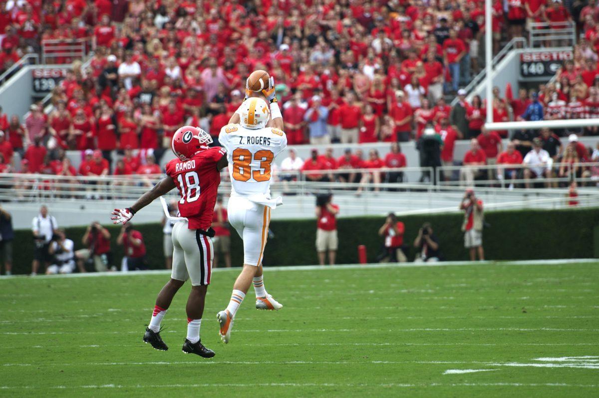 Wide reciever Zach Rogers catches the ball over a Georgia defender on Sept. 29.