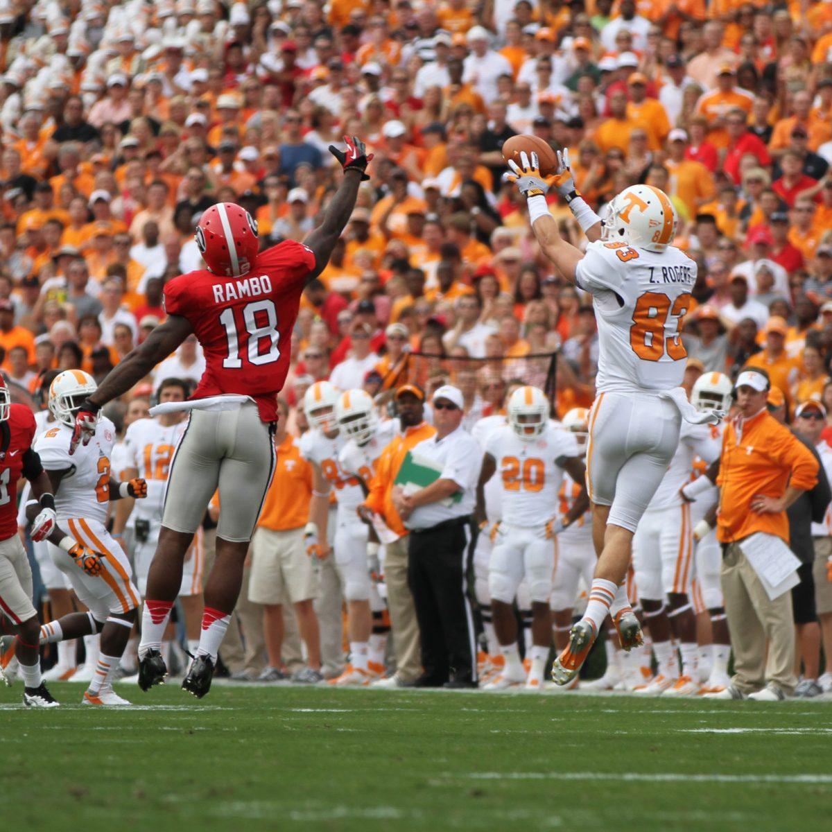 Zach Rogers jumps to complete a pass past a Georgia defender during the Georgia game on Sept. 30. Rogers was one of the few positives for the Vols last week in the game.