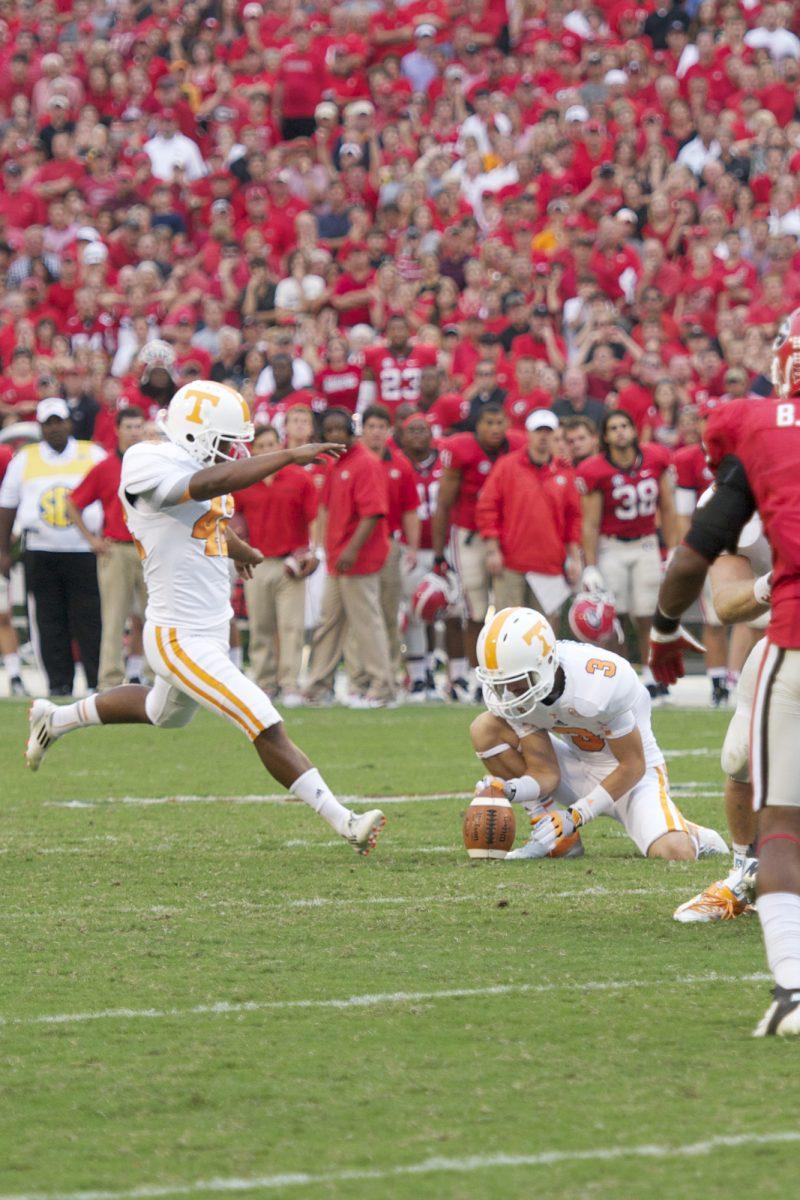 Derrick Brodus kicks during the Georgia game on Sept. 29.