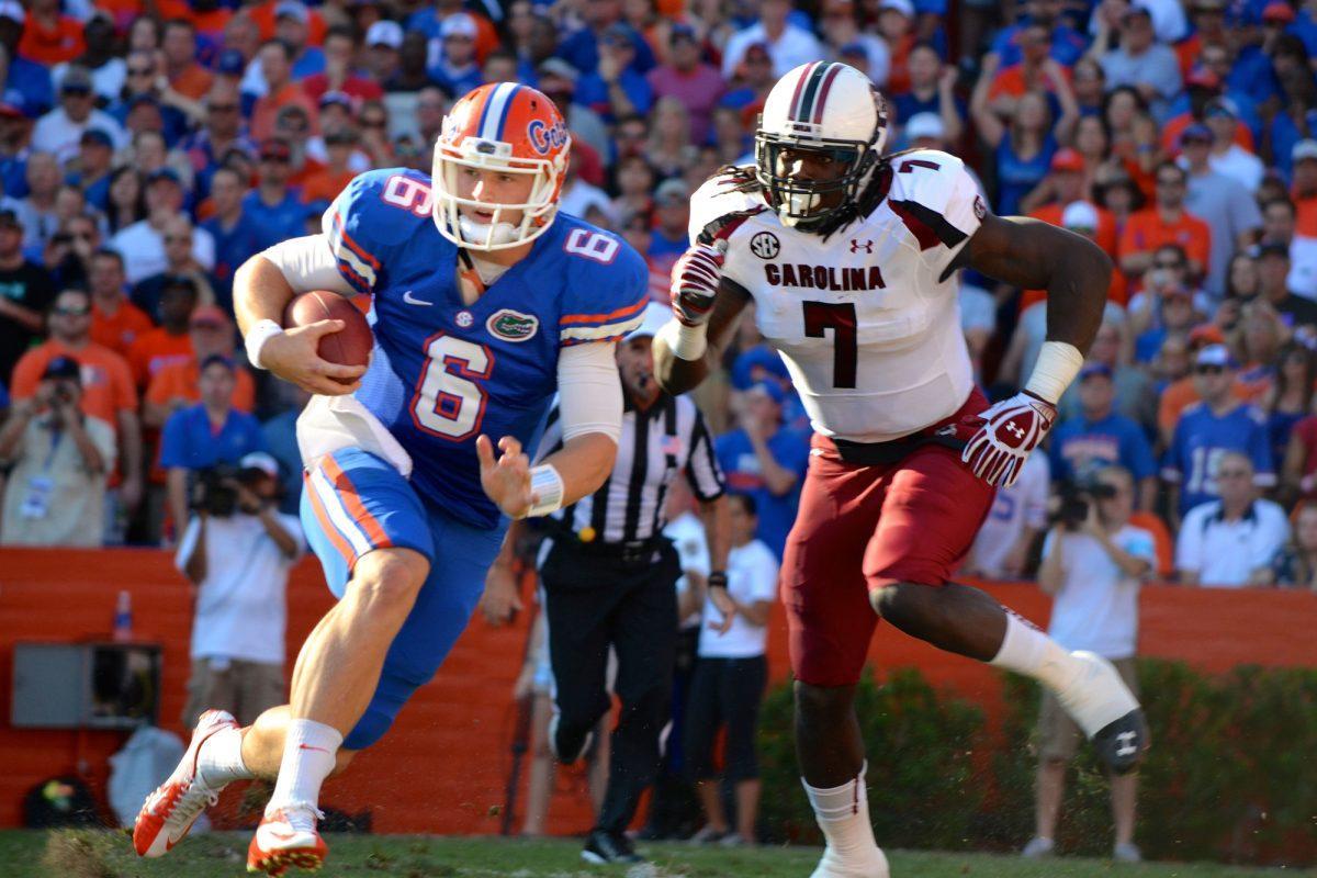 Defensive end Jadeveon Clowney rushes for Florida quarterback Jeff Driskel on Oct. 20.