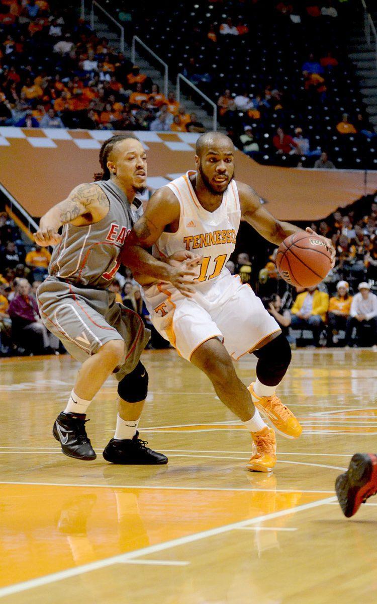Junior guard Trae Golden drives into the lane against Victory University on Nov. 5.