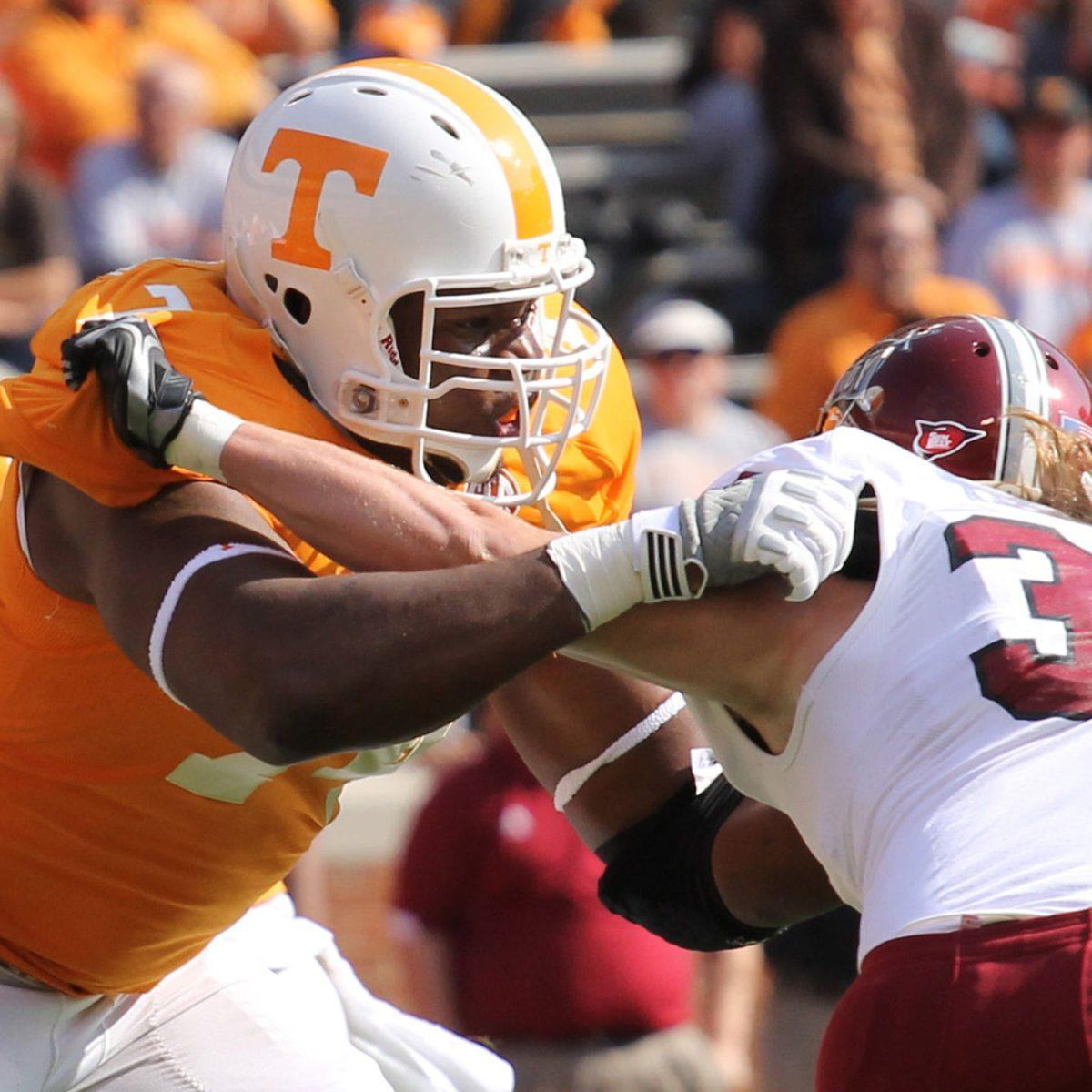 Sophomore Antonio Richardson blocks an oncoming Troy rusher during the game on Nov. 3.