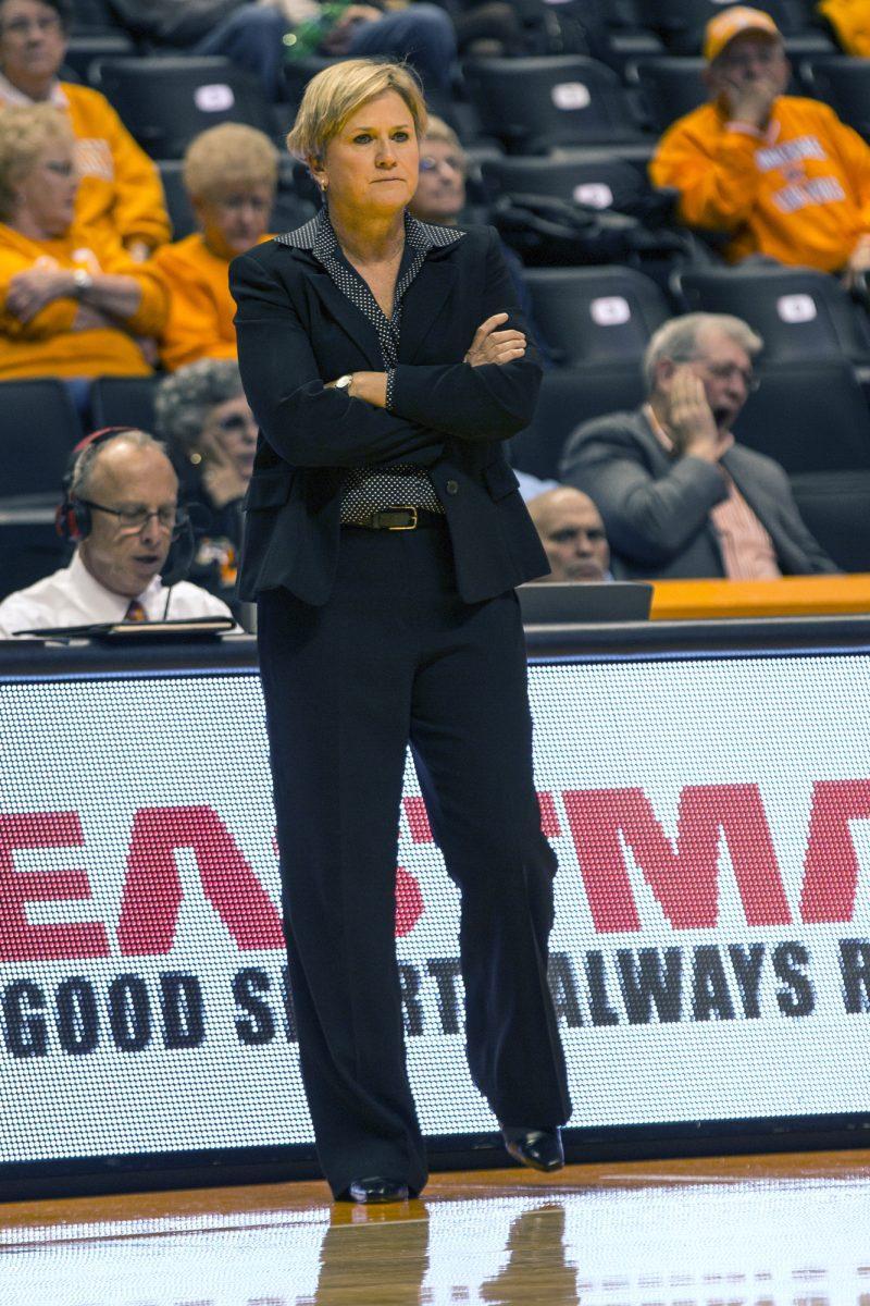 New head coach Holly Warlick watches the Lady Vols play against Carson Newman on Nov.1.
