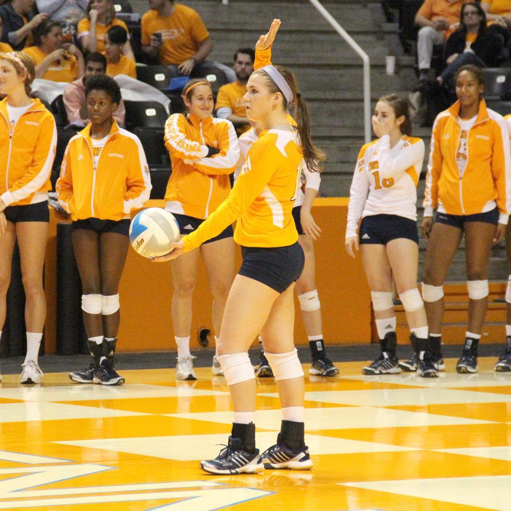 Ellen Mullins prepares to serve against Kentucky on Oct. 26. Mullins has been named the Southeastern Conference Co-Defensive Player of the Week.