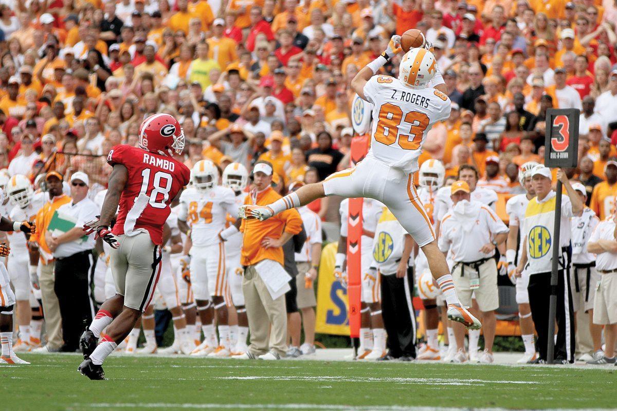 Senior wide receiver Zach Rogers goes up for a grab over safety Bacarri Rambo in the Georgia game on Sept. 29.