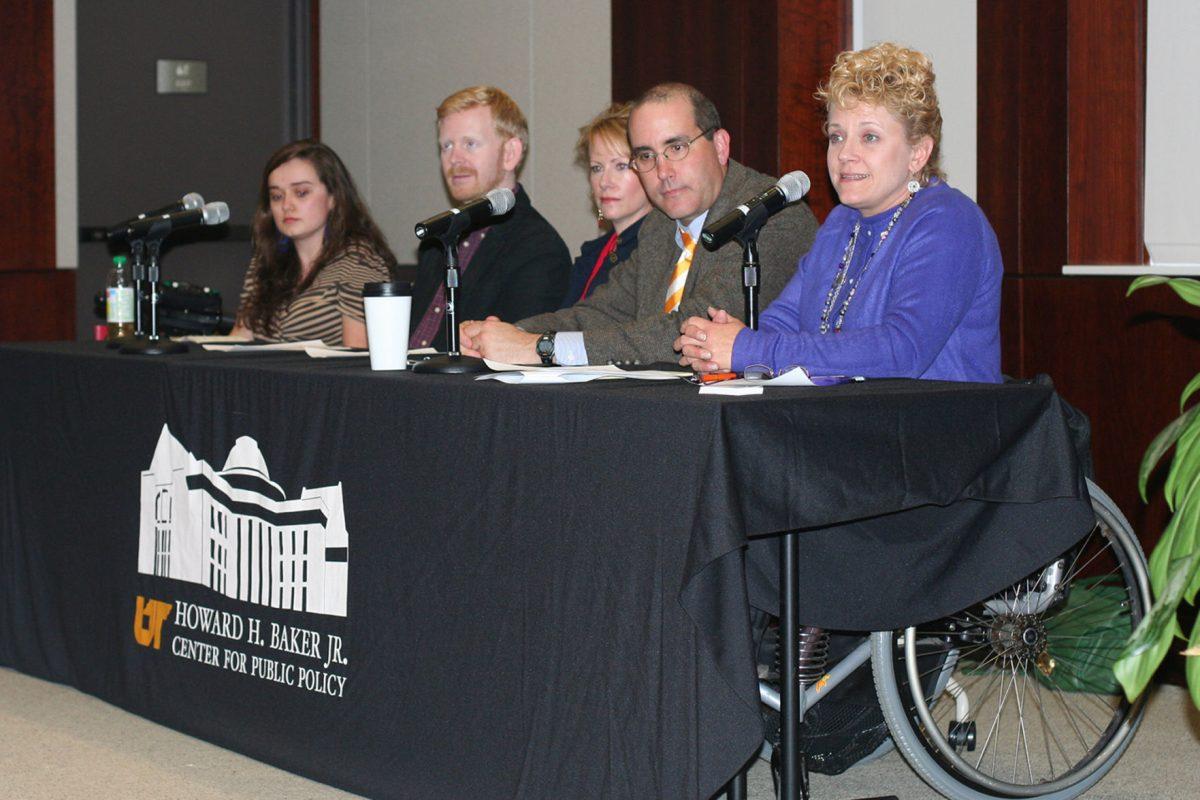 A panel of various speakers discuss about disability issues during a public forum in the Baker Center on Tuesday. The last event for Disability Awareness Week will be an art show held in Market Square from 5pm-9pm.