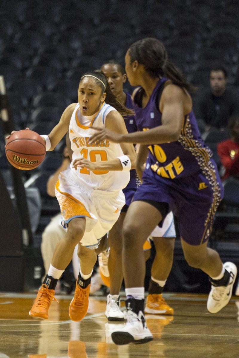 Meighan Simmons weaves through defenders while dribbling the ball against Alcorn State on Nov. 25.