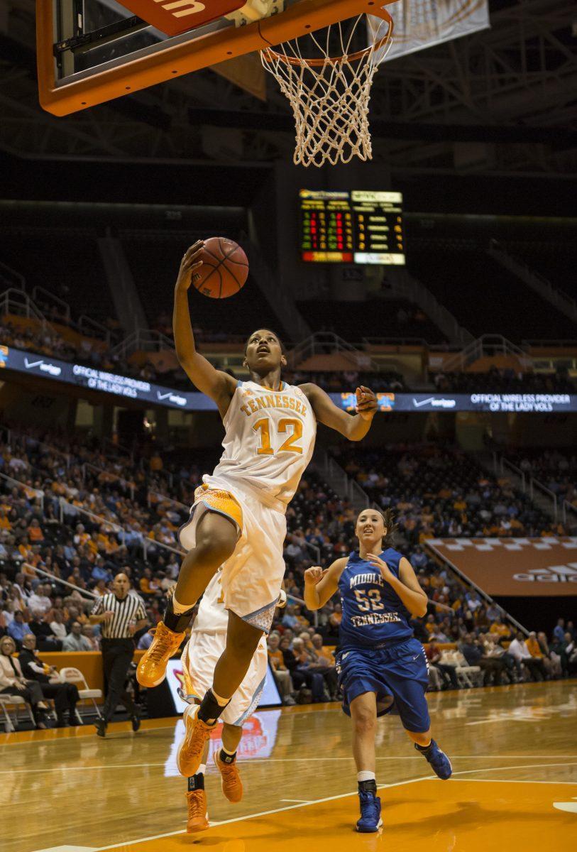 Bashaara Graves goes up for a layup on a fast break during the Middle Tennessee State game on Wednesday. With her double-double performance of 15 points and 12 rebounds, the freshman was a key component of the Lady Vols' winning performance.