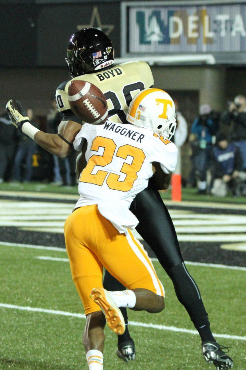 Senior Prentiss Waggner breaks up a pass against Vanderbilt on Nov. 18.