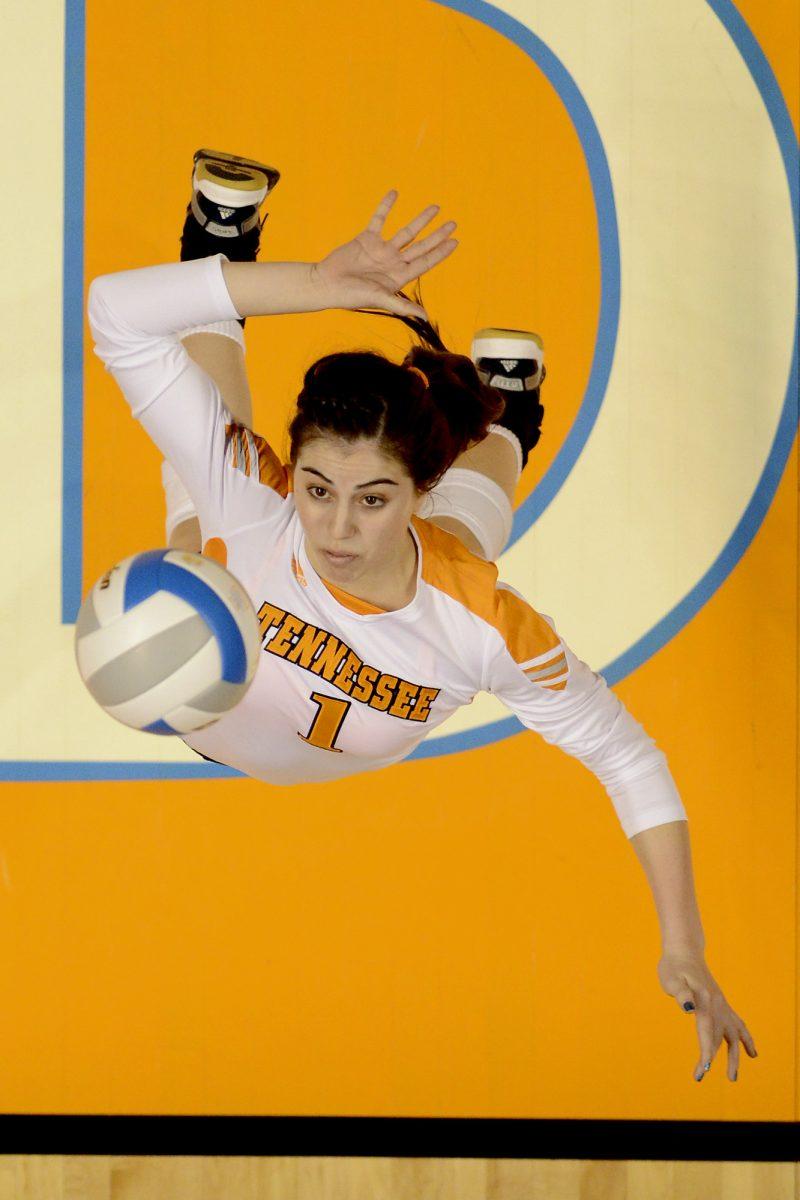 Setter Bianca Arellano serves the ball against Texas A&amp;M on Wednesday.