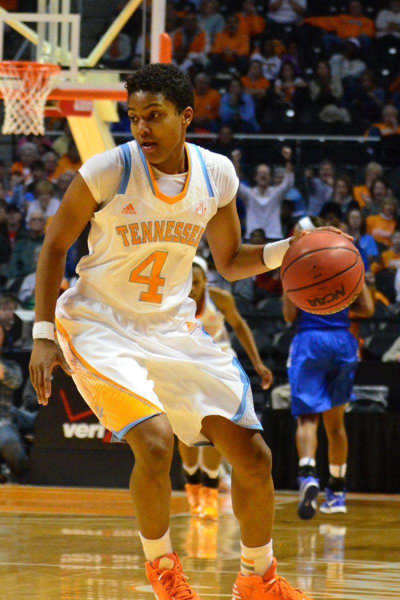 Senior guard Kamiko Williams looks for an opening during the MTSU game on Nov. 28.